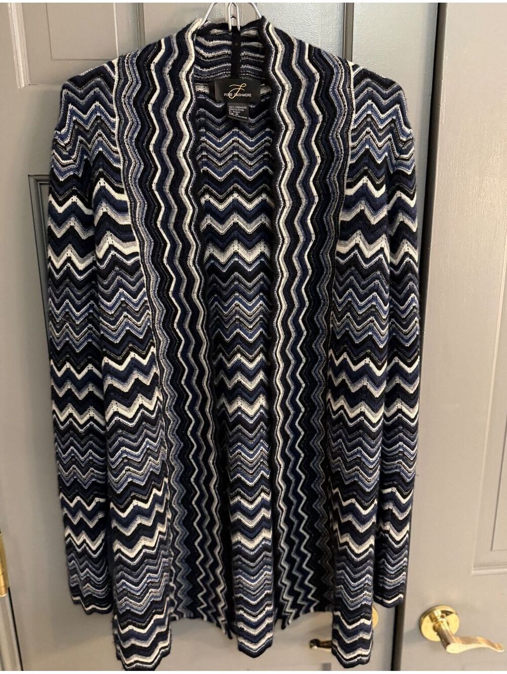 Forte 100% Cashmere Open Front Chevron Stripe Pointelle Cardigan Sweater Size M